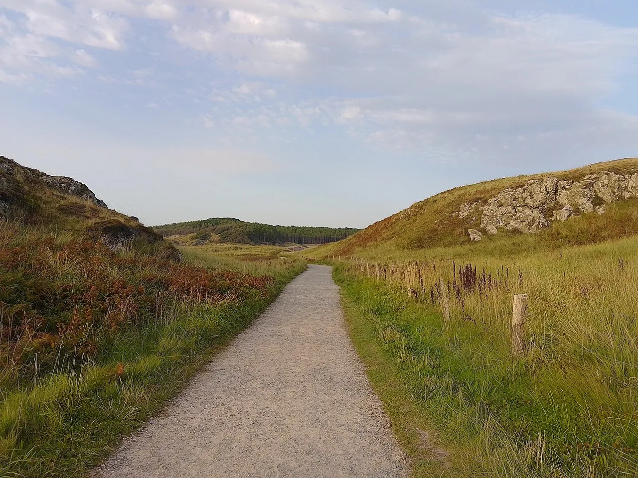 The footpath on Llanddwyn Island winding through open coastal grassland between rocky outcrops, the sea visible ahead.